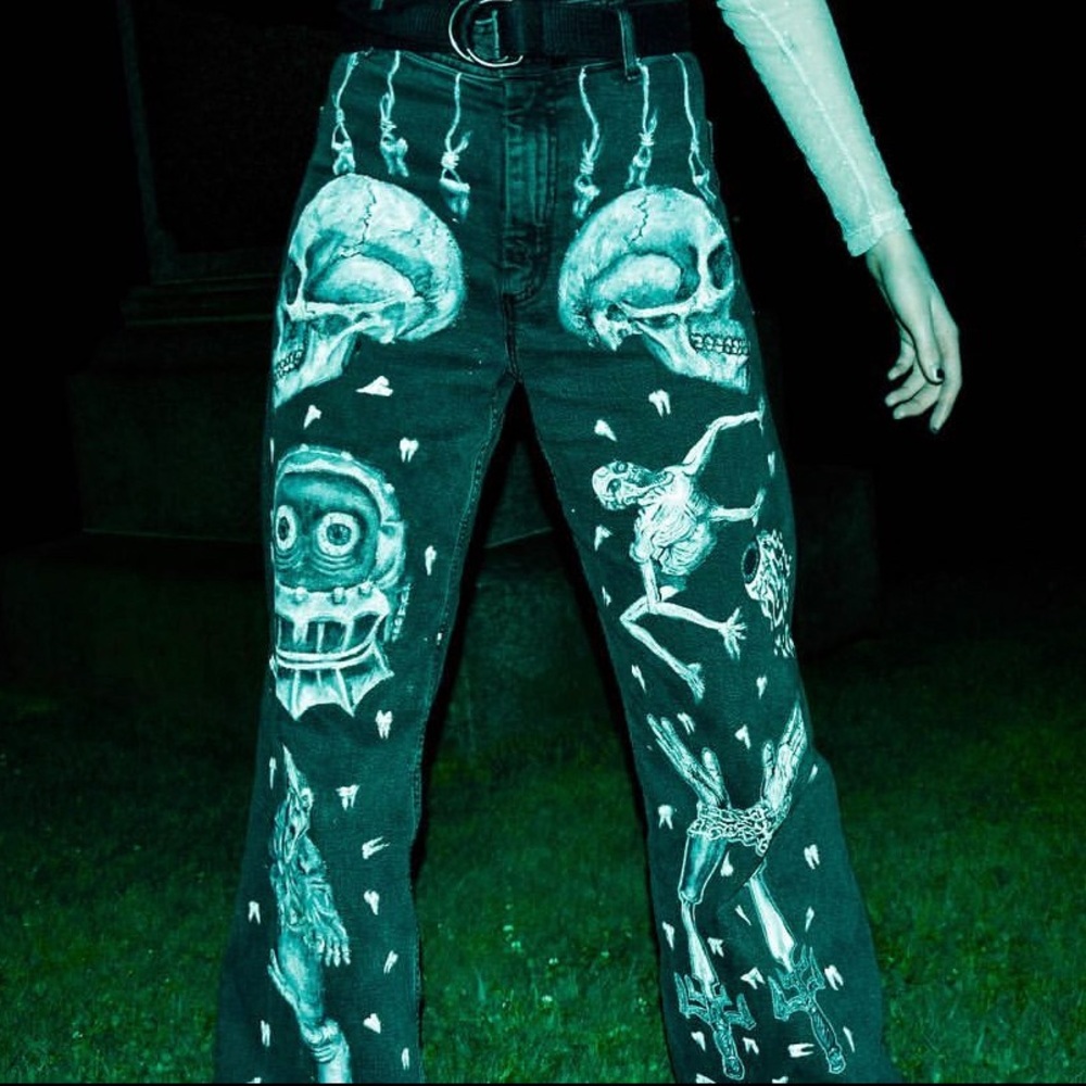 hand painted graphic jeans black and white